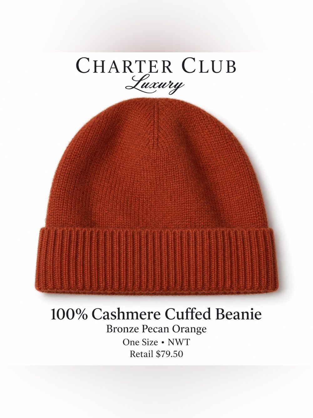Charter Club Luxury 100% Cashmere Cuffed Beanie Hat Bronze Pecan Orange OS